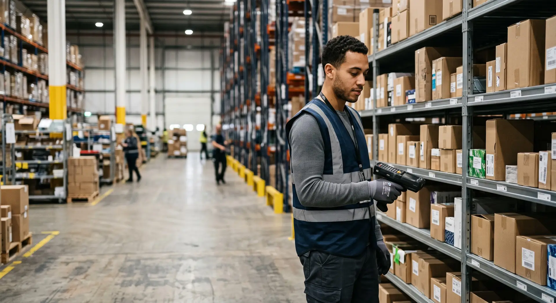 Warehouse worker scanning inventory | clarus wms A warehouse worker wearing a high-visibility vest uses a handheld scanner while standing in an aisle next to shelves filled with cardboard boxes.
